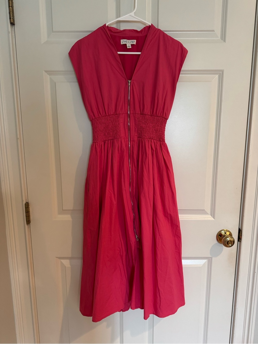 She + Sky Hot Pink Zip-Front Midi Dress with Smocked Waist